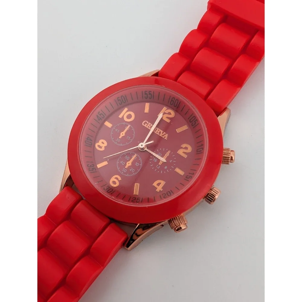 Geneva Watch Women 38mm Rose Gold‎ Case Red Silicone Band- New Battery